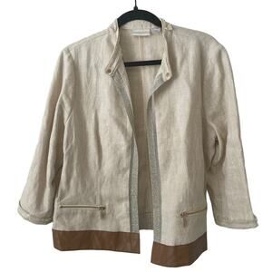 Chico's Sz 2 / L Linen Jacket Beige Vegan Faux Leather Lagenlook Neutral Coastal